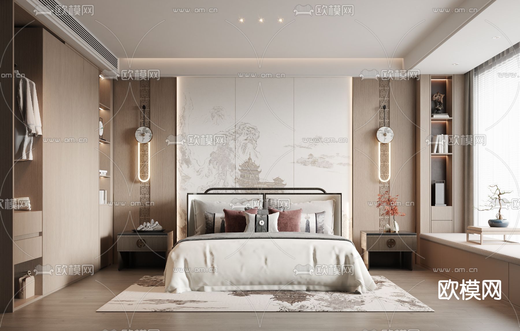 新中式卧室 主人房3d模型下载（渲染图1）