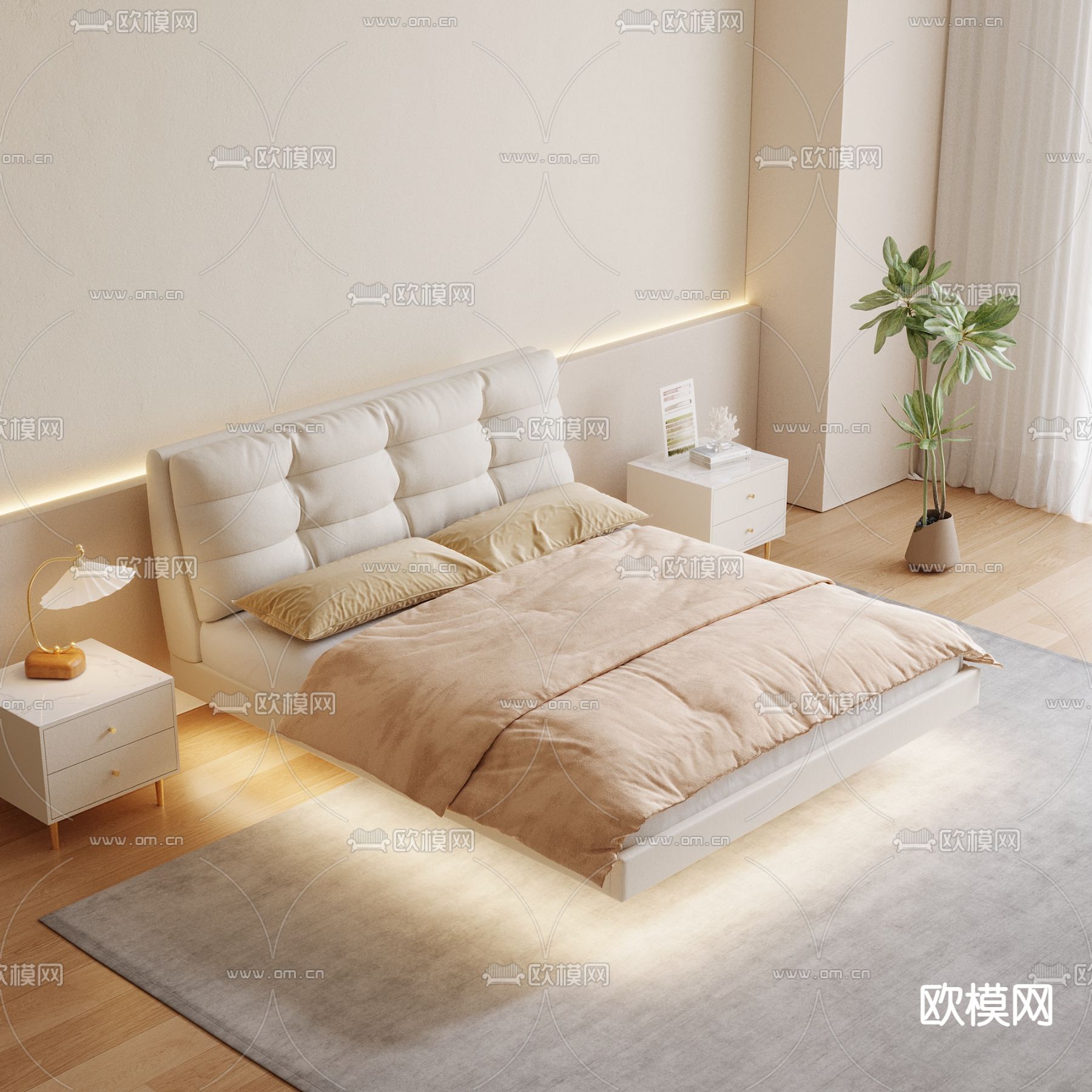 奶油风双人床3d模型下载（渲染图3）