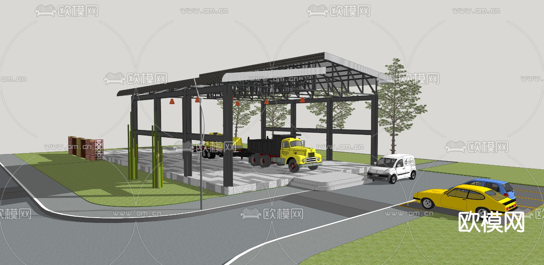 工业园铁棚 钢架大棚su模型下载（渲染图2）