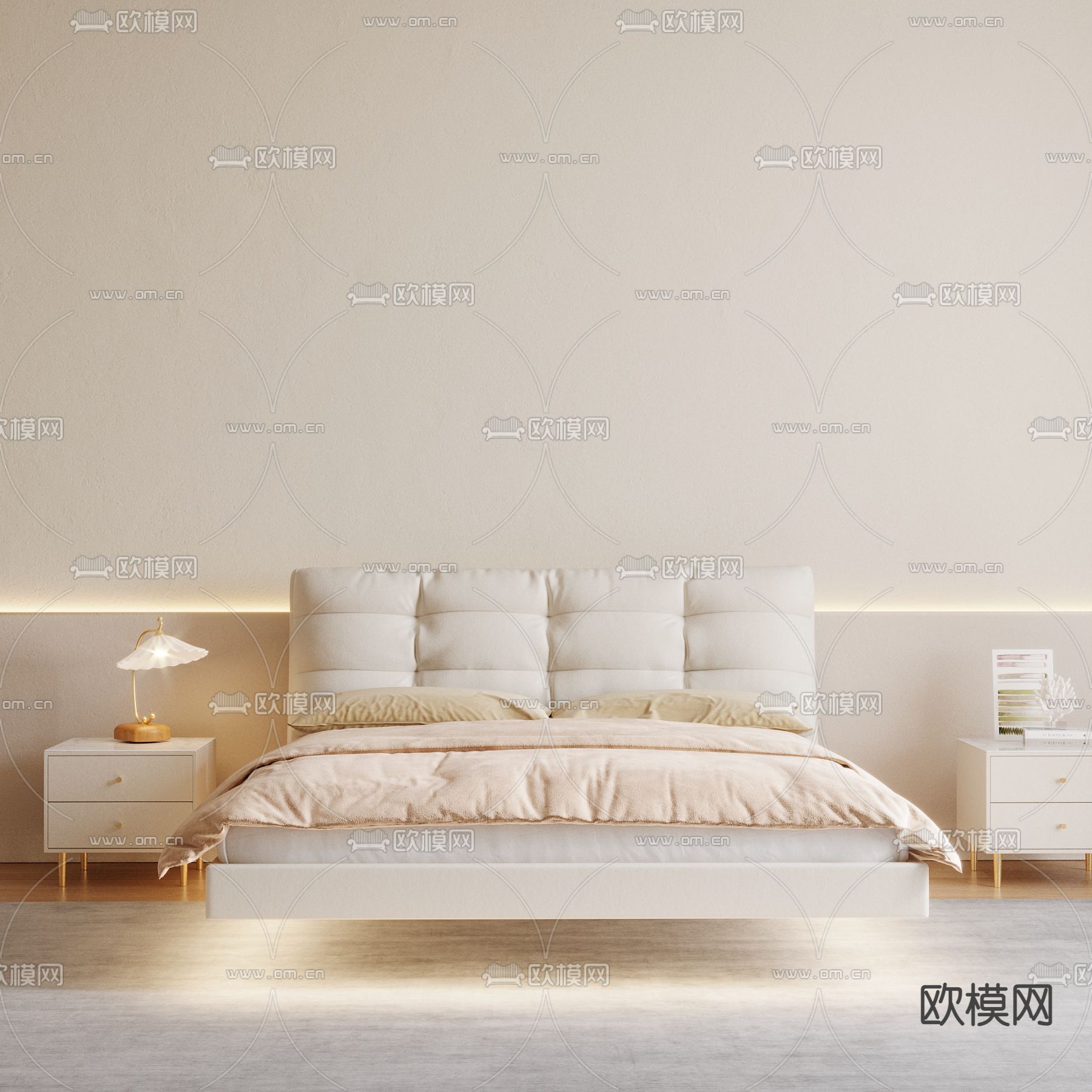 奶油风双人床3d模型下载（渲染图2）