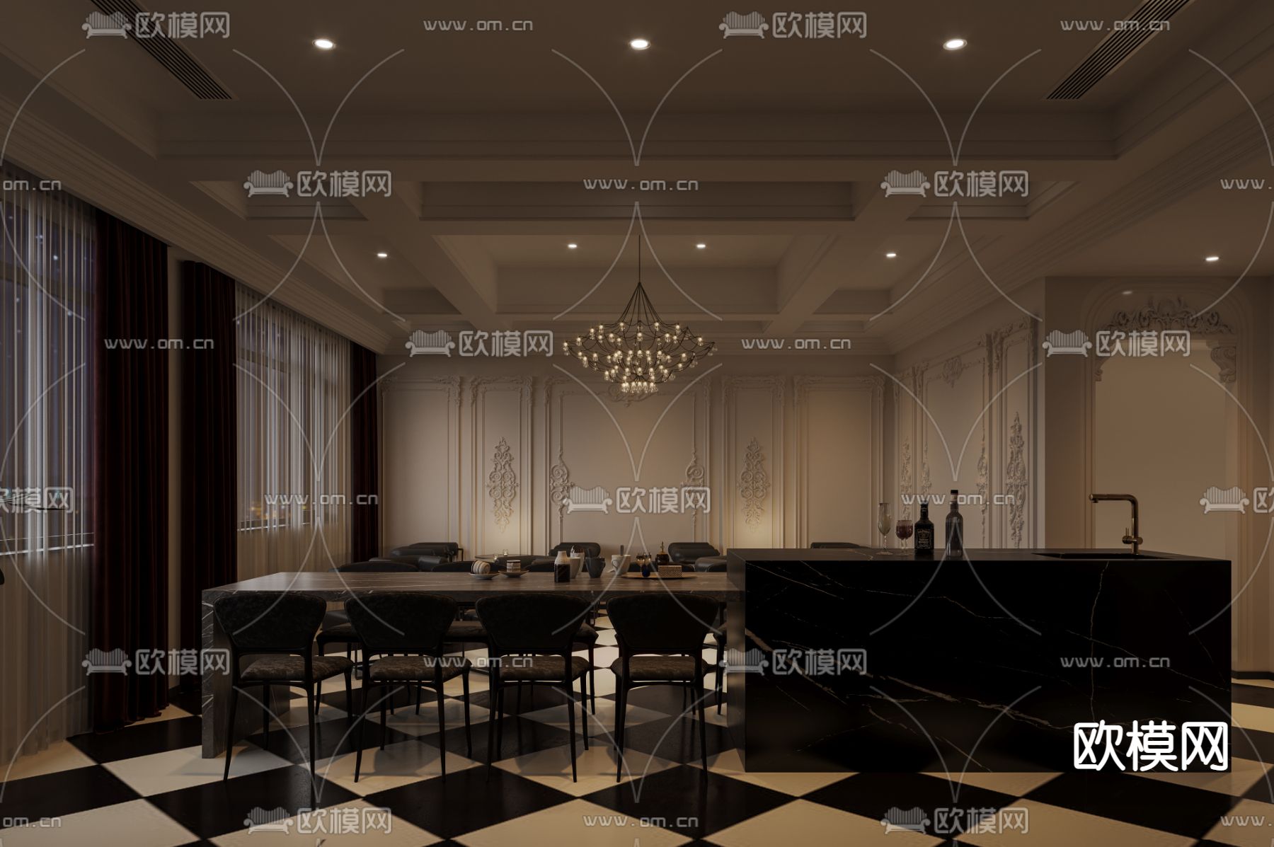 法式酒吧室免费3d模型下载（渲染图2）