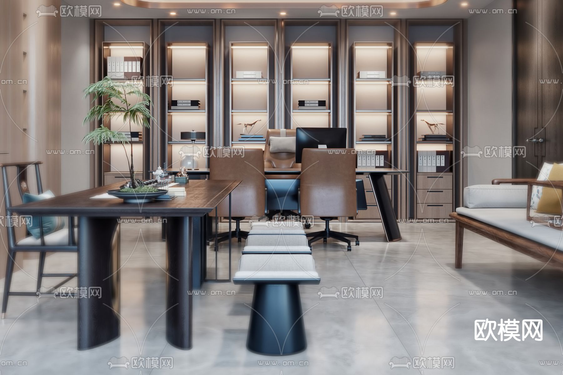 新中式总经理室 董事长室3d模型下载（渲染图4）
