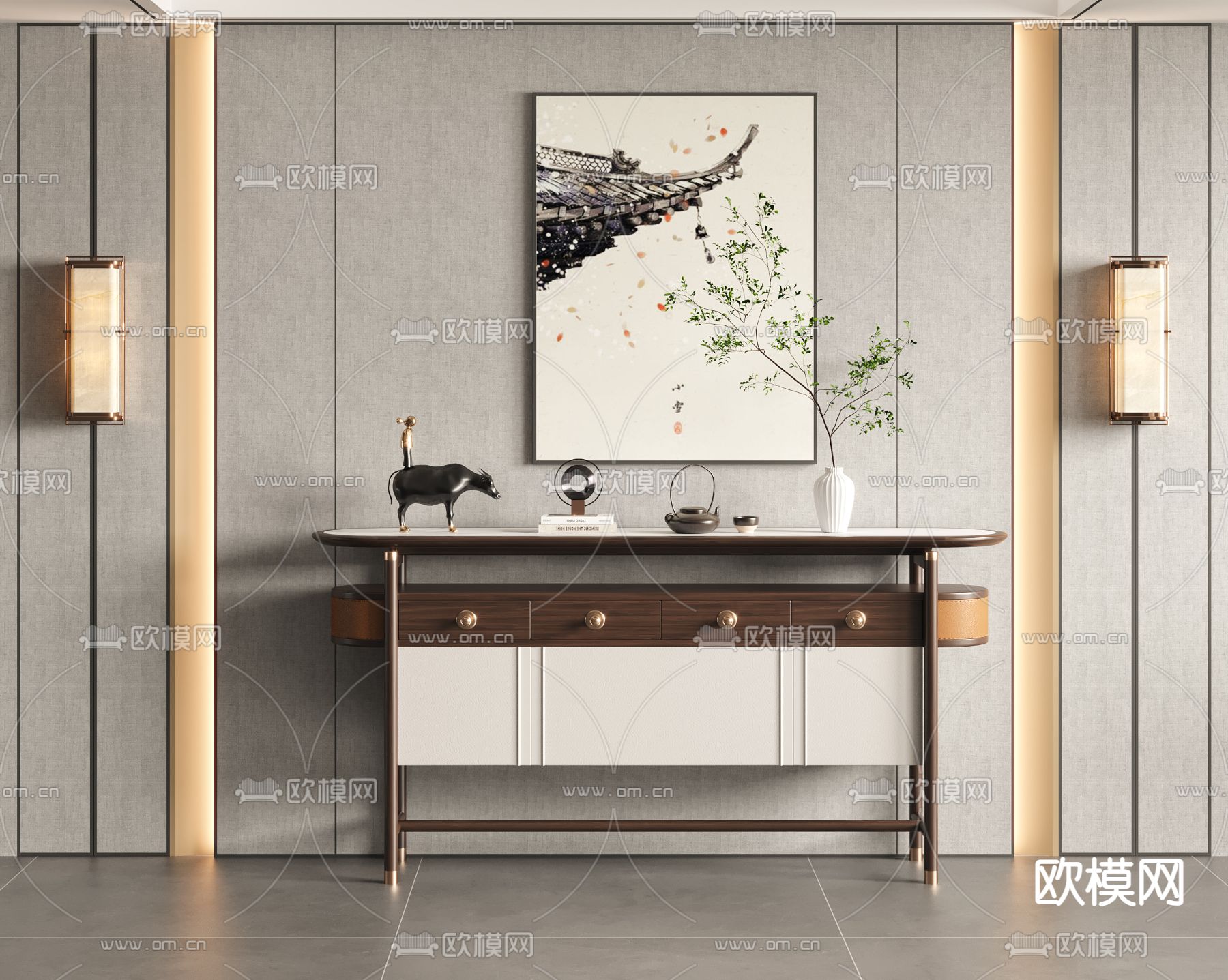 中式端景条案su模型下载（渲染图1）