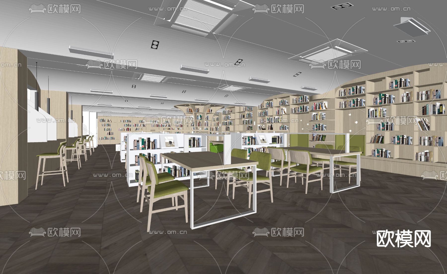 现代图书馆 阅览室su模型下载（渲染图2）