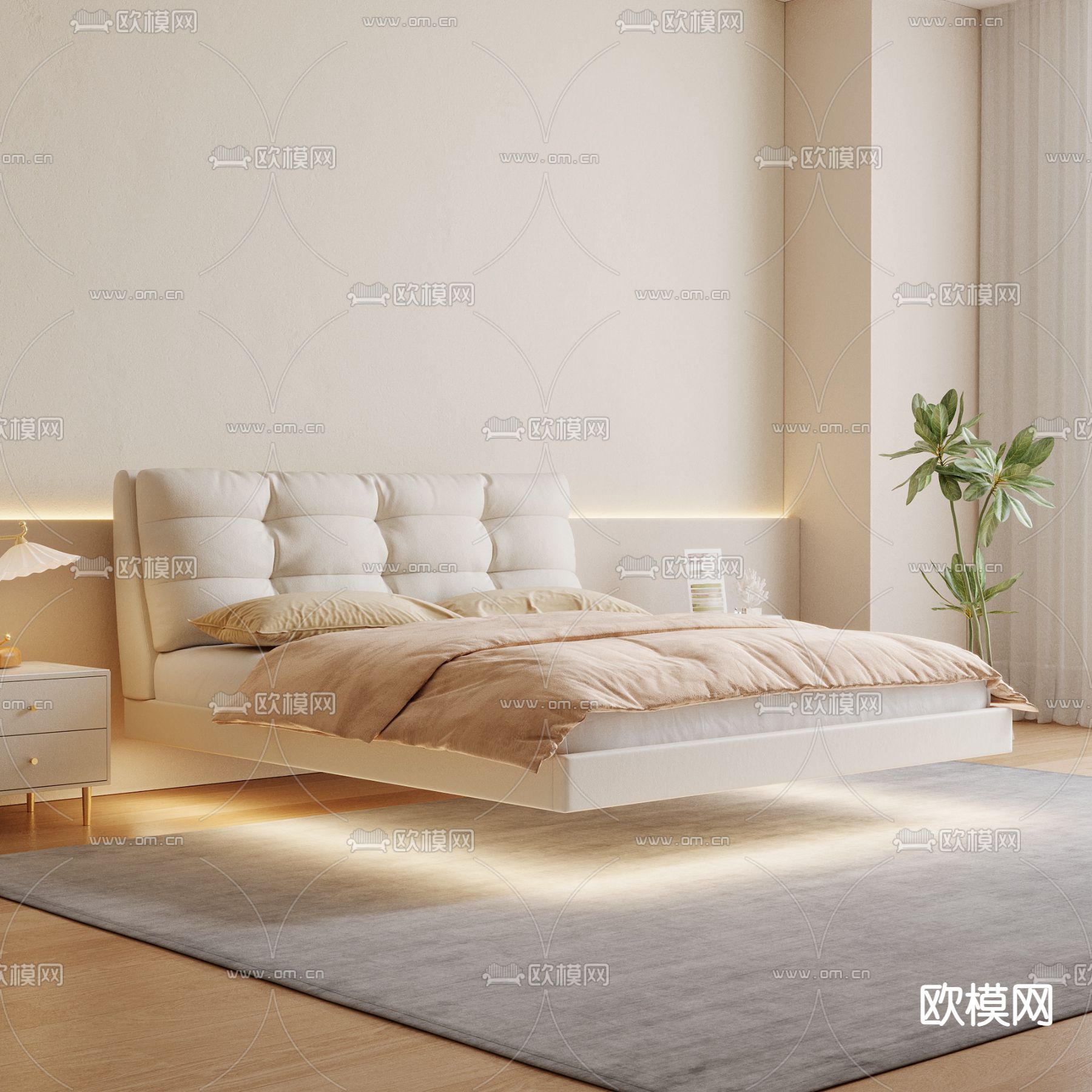 奶油风双人床3d模型下载（渲染图1）