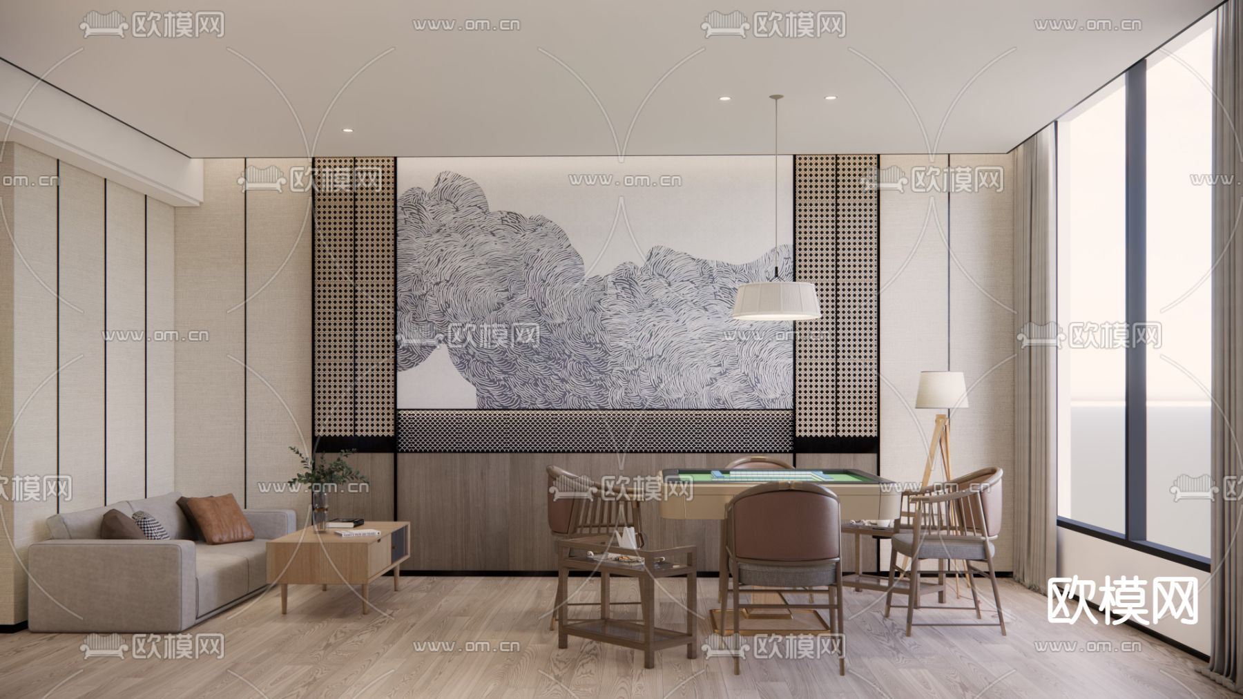 新中式棋牌室su模型下载（渲染图1）