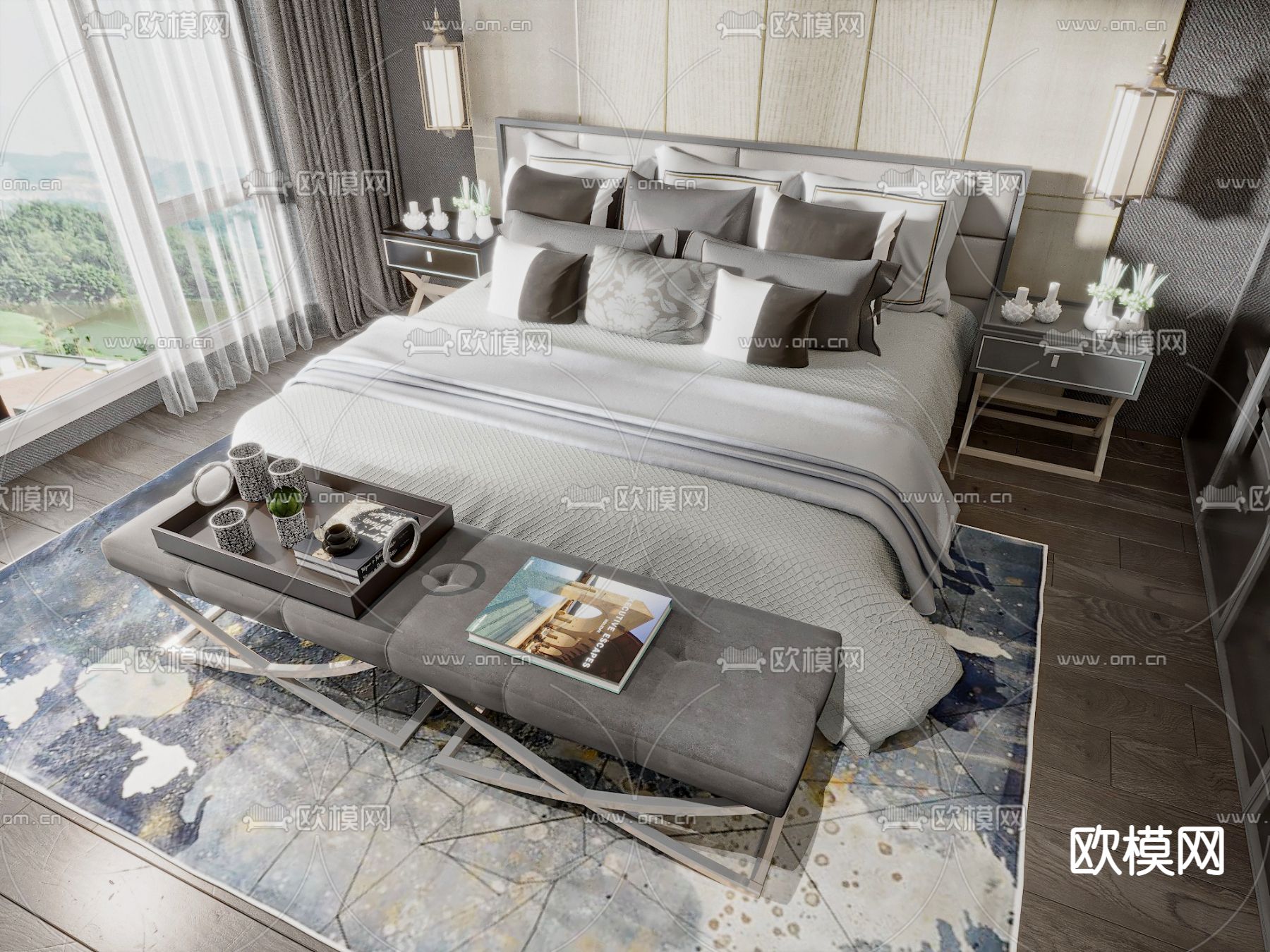 新中式双人床3d模型下载