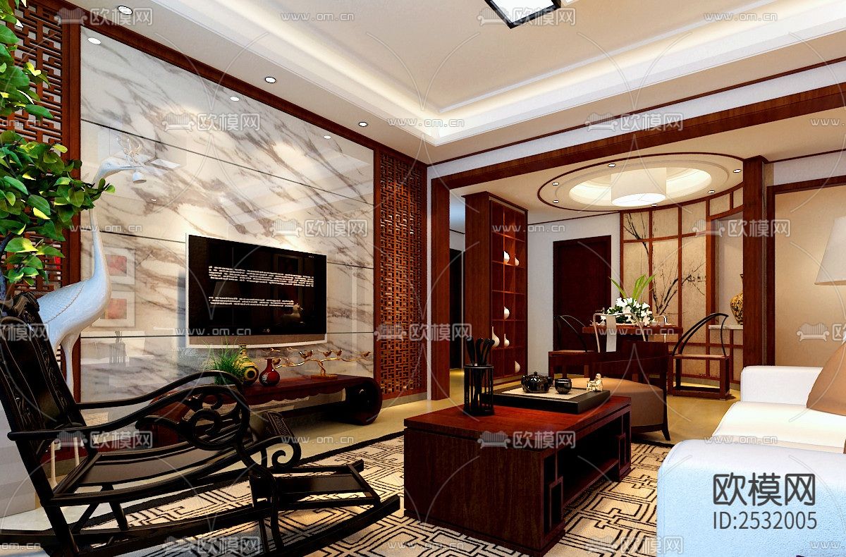 新中式大平层豪宅样板间cad施工图下载（渲染图3）