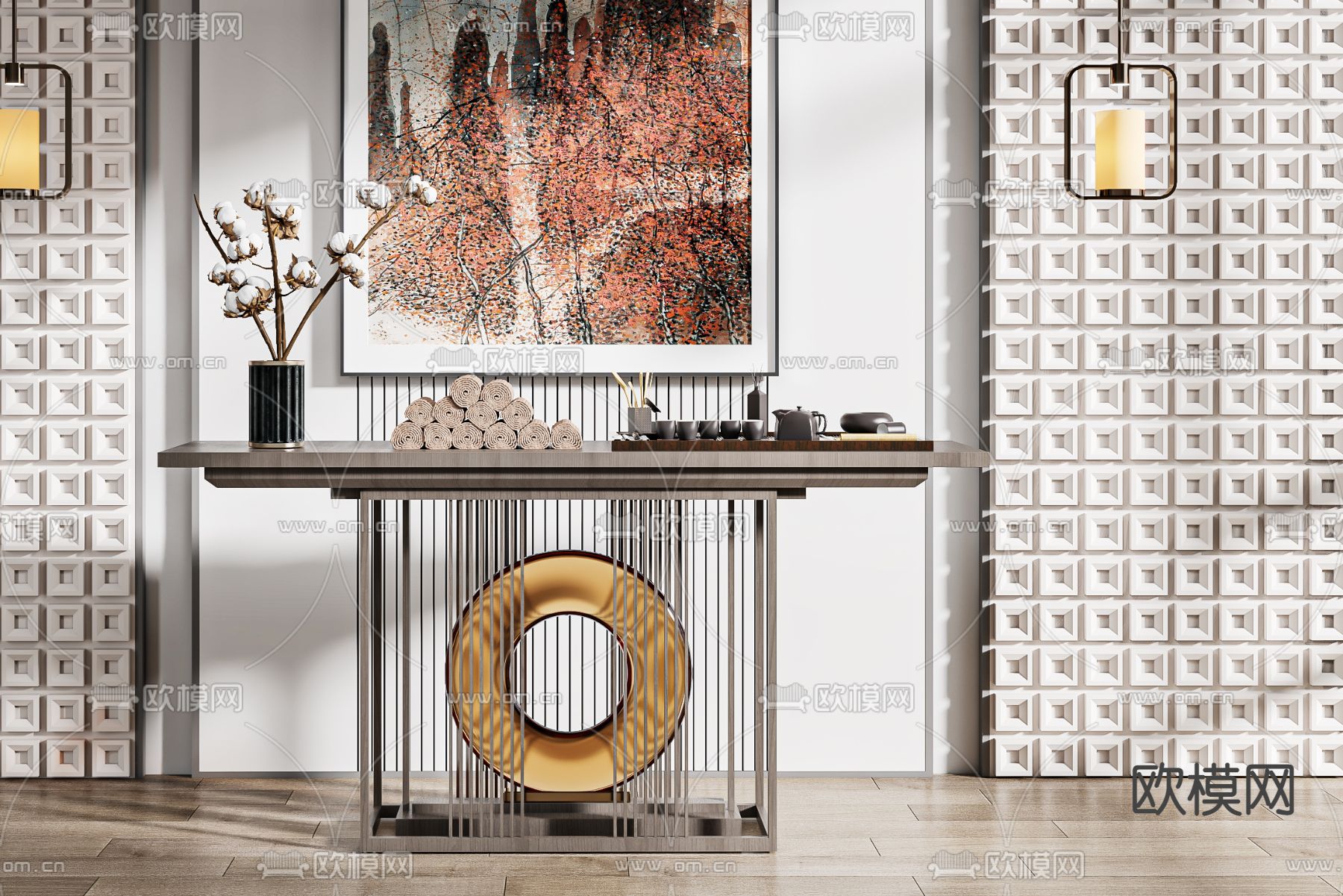 新中式端景台 条案3d模型下载（渲染图2）
