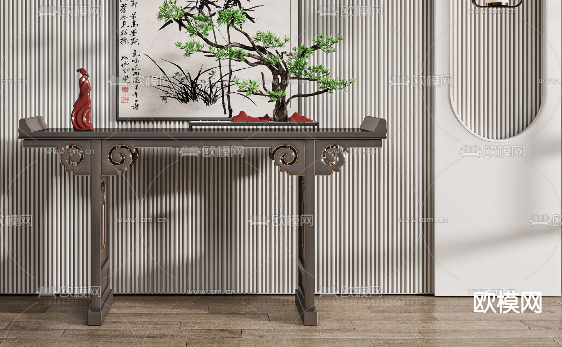 新中式端景台 条案3d模型下载（渲染图2）