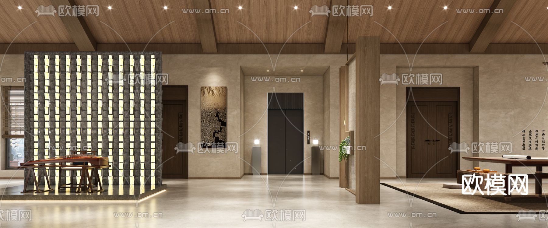 新中式地下台球室 书房 休闲区3d模型下载（渲染图3）