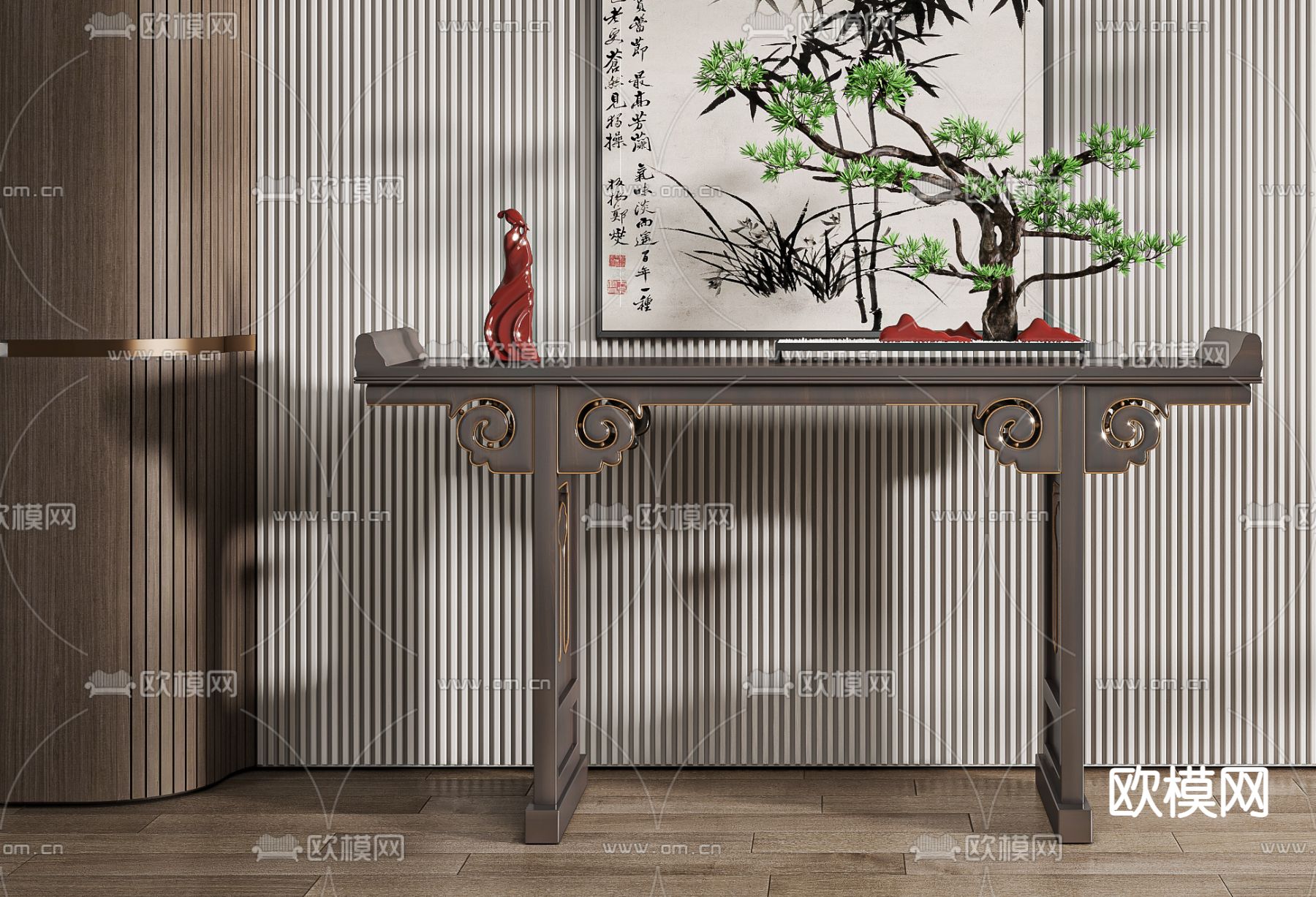 新中式端景台 条案3d模型下载（渲染图3）