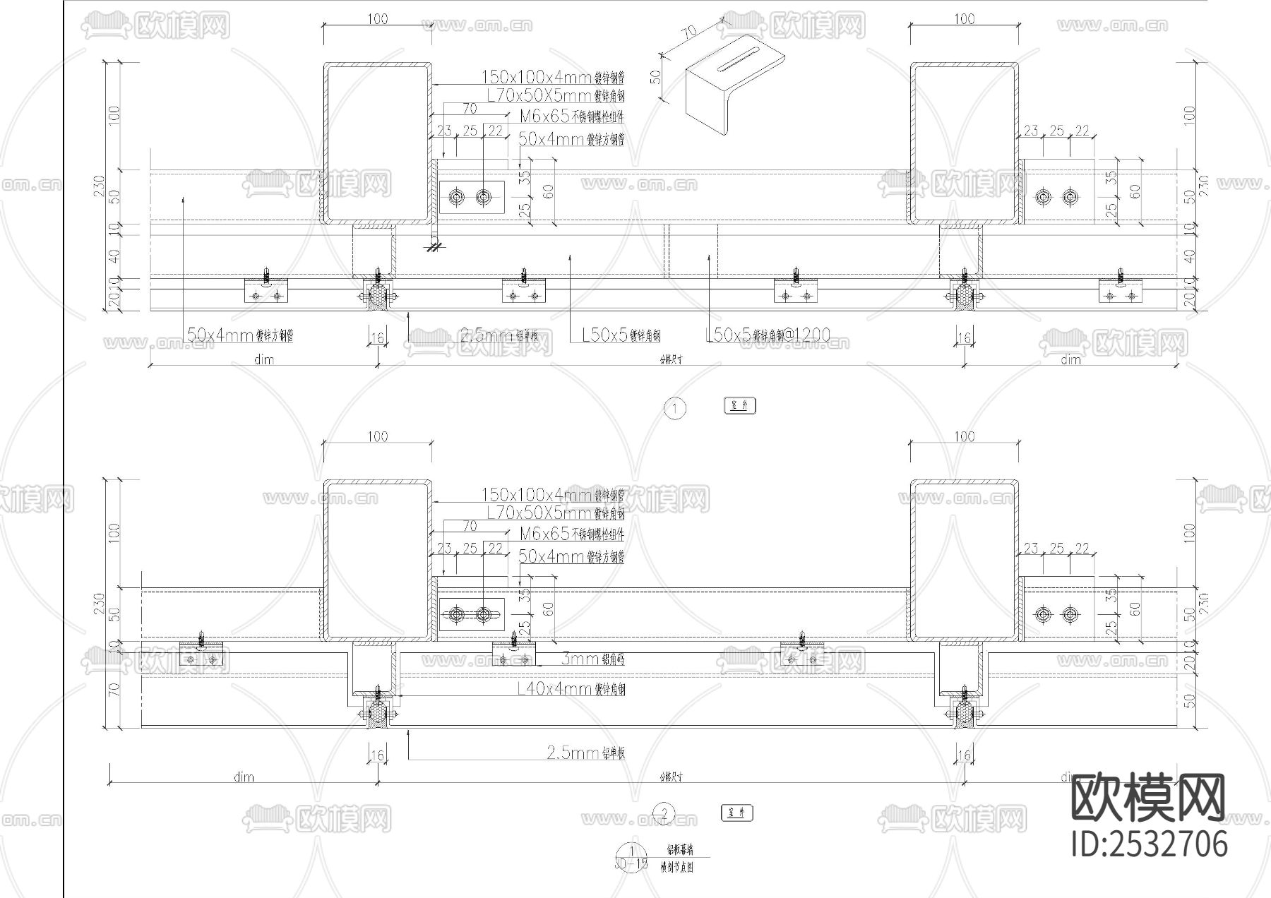 某商场购物公园玻璃幕墙工程CAD施工图下载（渲染图3）