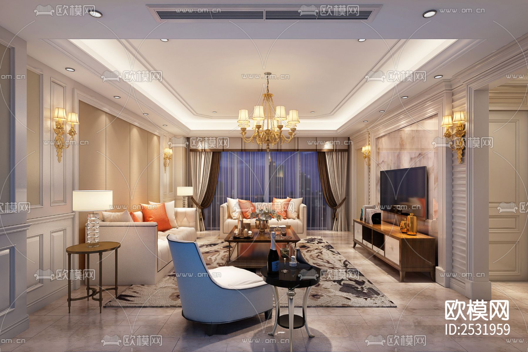 现代大平层豪宅样板间cad施工图下载（渲染图1）