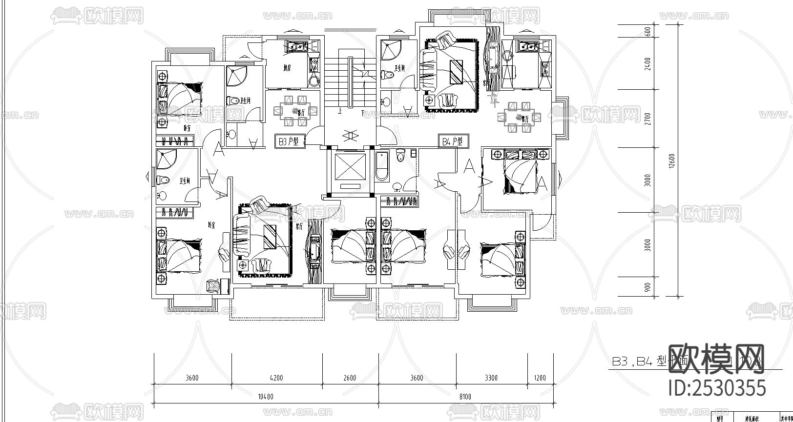 高佳苑小区户型CAD施工图下载（渲染图3）