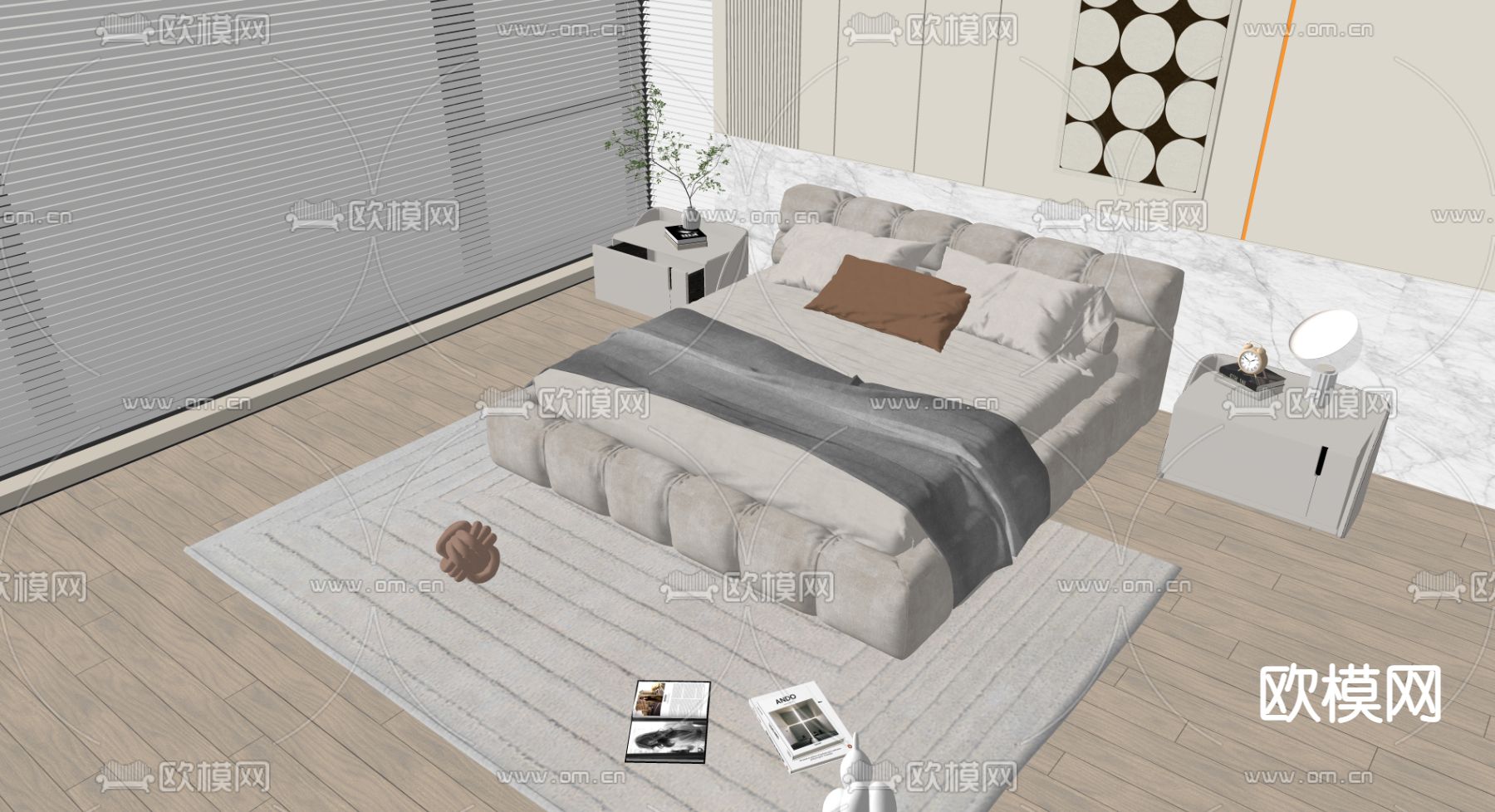 奶油风双人床su模型下载（渲染图2）