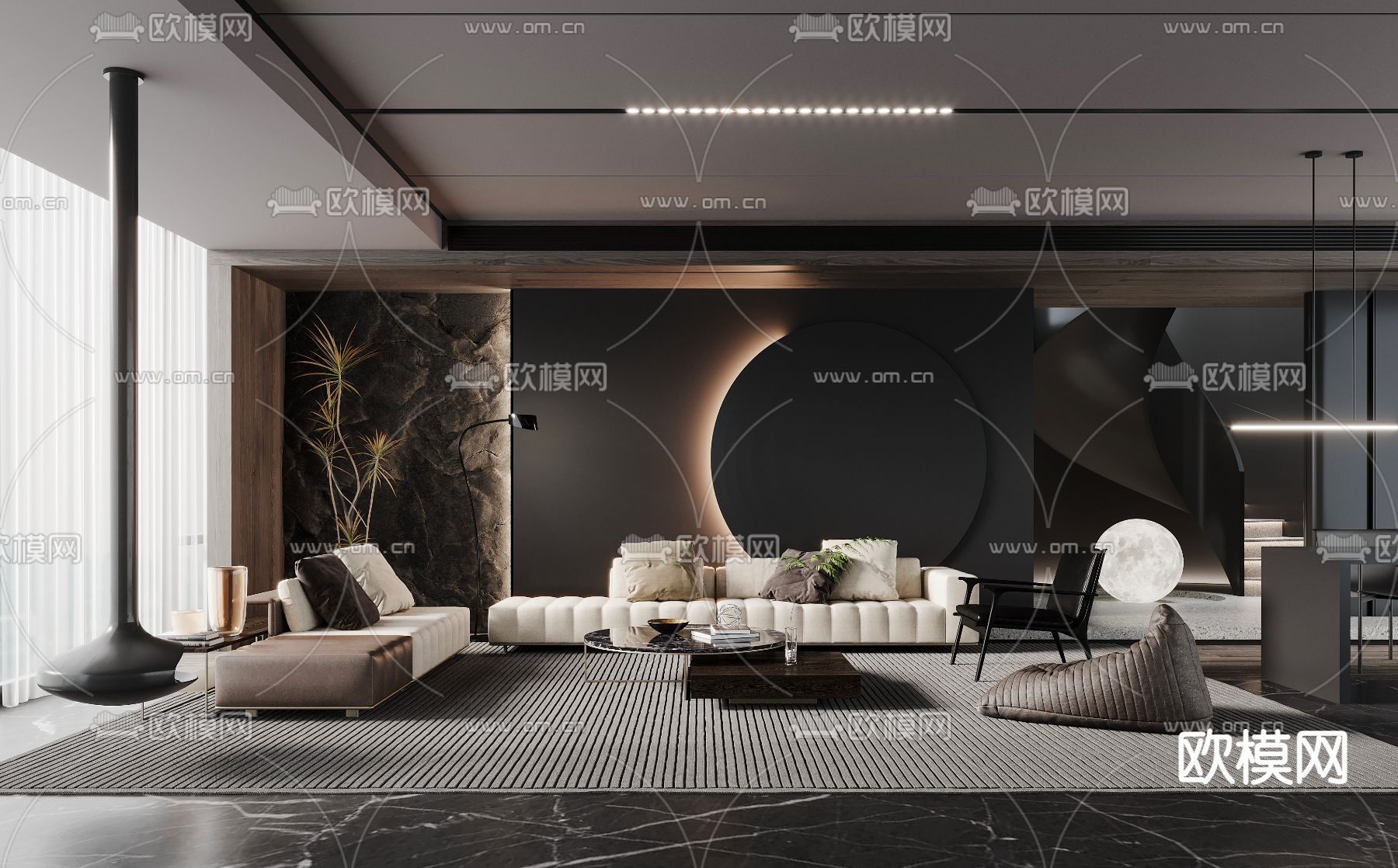 暗黑风客厅3d模型下载