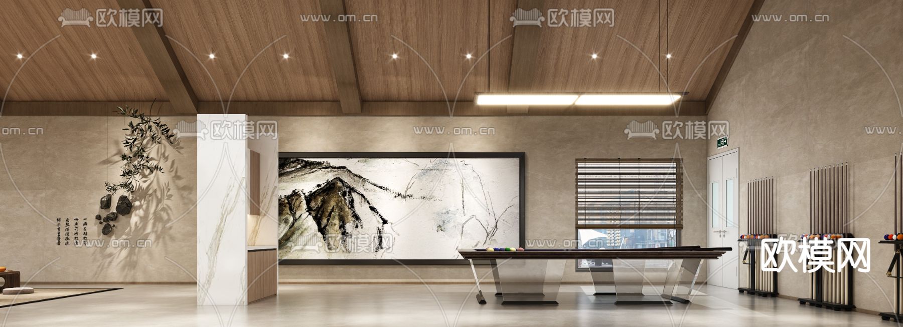 新中式地下台球室 书房 休闲区3d模型下载（渲染图2）