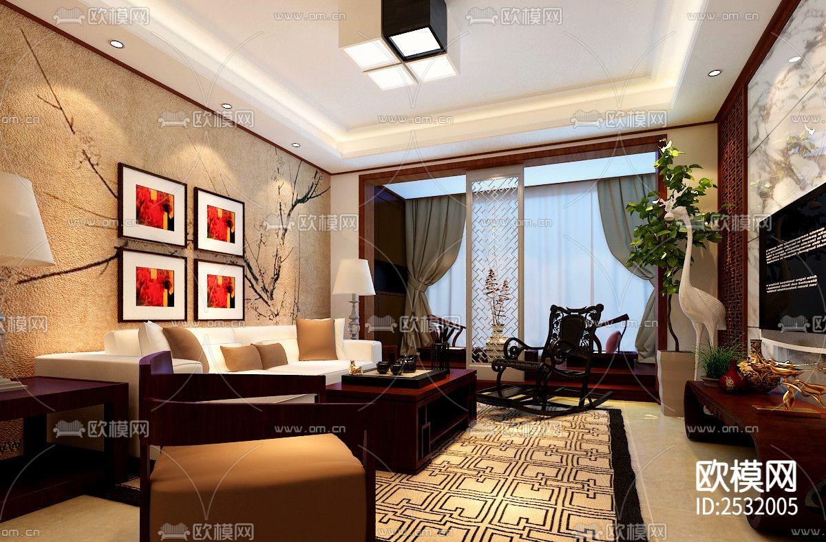 新中式大平层豪宅样板间cad施工图下载（渲染图2）