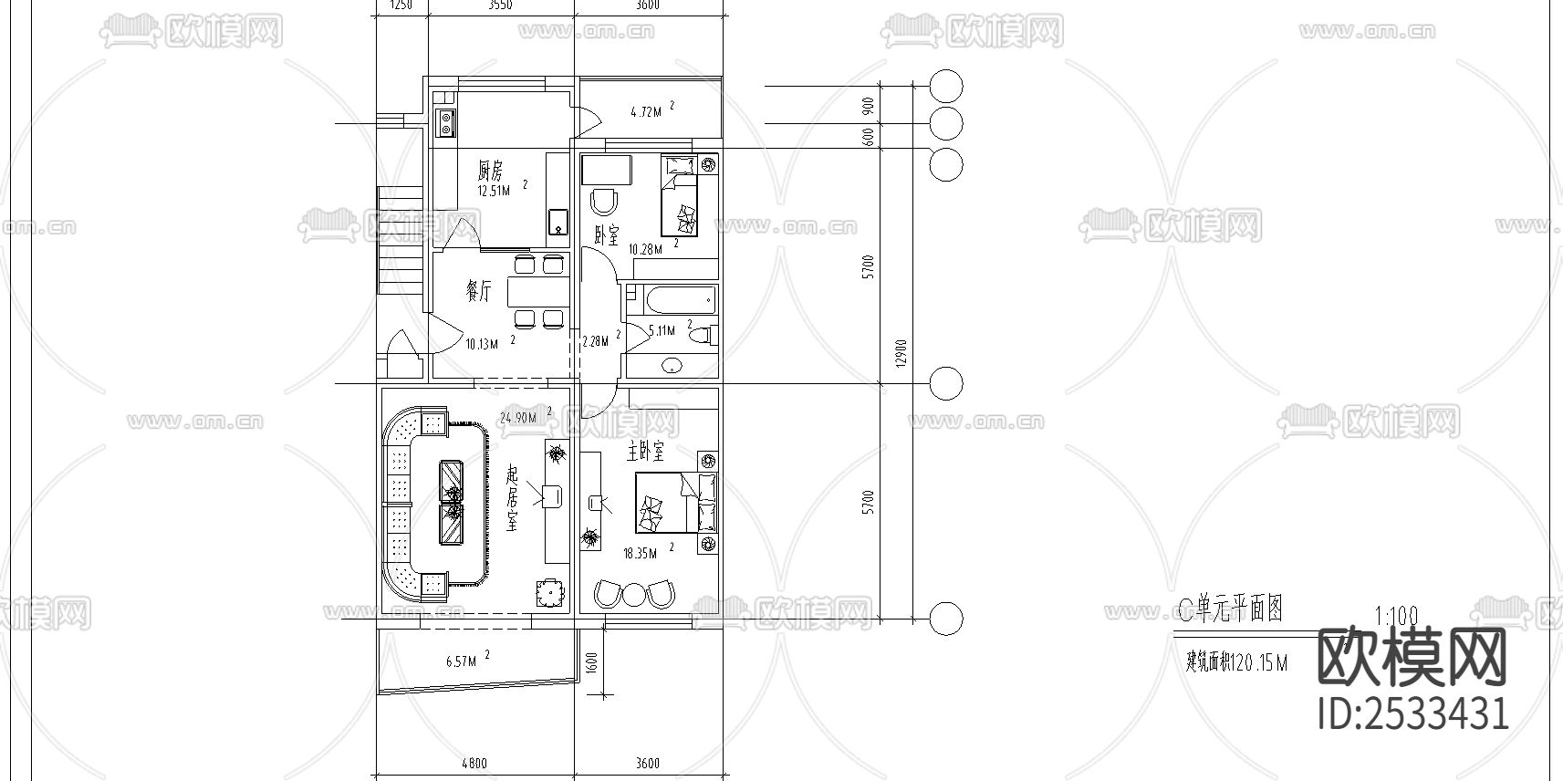 北方住宅户型CAD施工图下载（渲染图3）