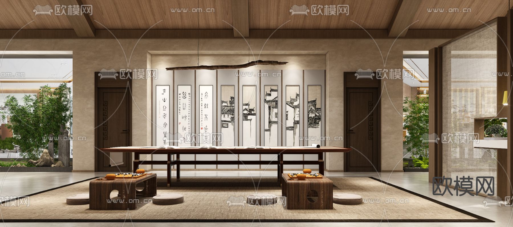 新中式地下台球室 书房 休闲区3d模型下载（渲染图4）