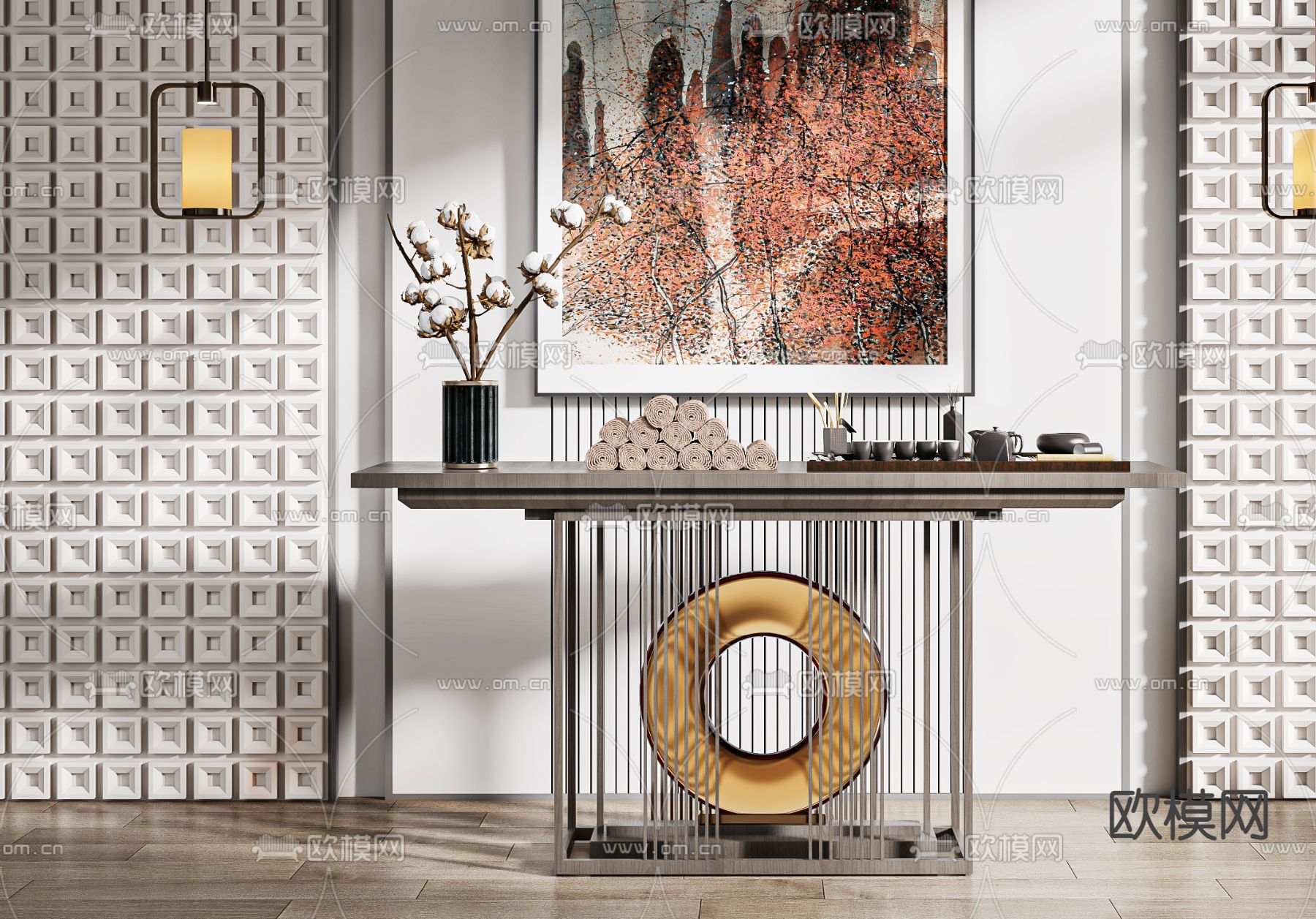 新中式端景台 条案3d模型下载（渲染图3）