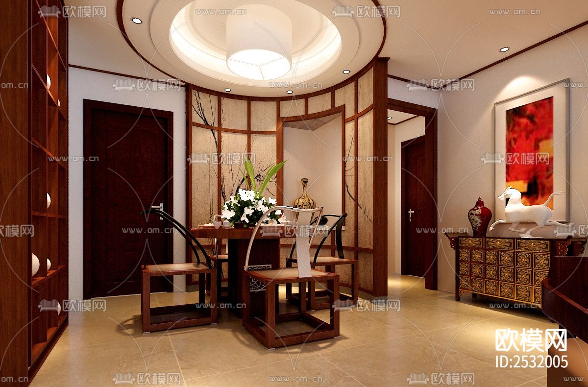 新中式大平层豪宅样板间cad施工图下载（渲染图1）