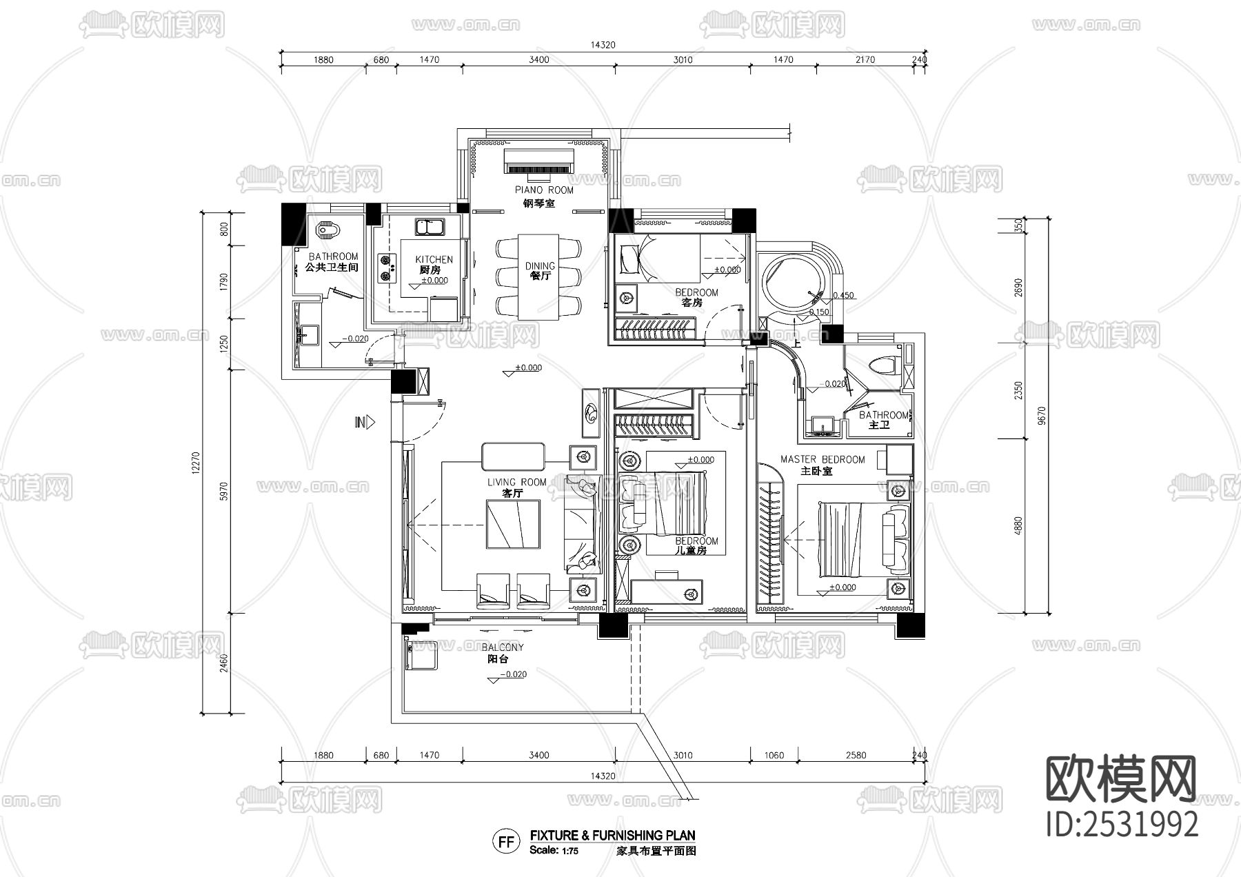 现代大平层豪宅样板间cad施工图下载（渲染图6）