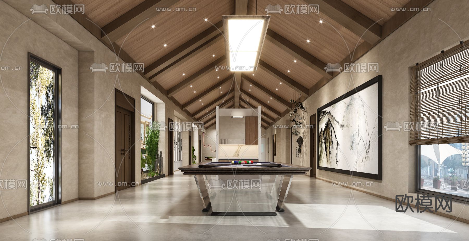 新中式地下台球室 书房 休闲区3d模型下载（渲染图5）