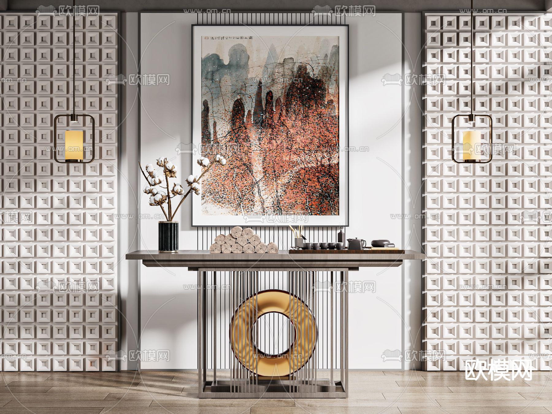 新中式端景台 条案3d模型下载（渲染图1）