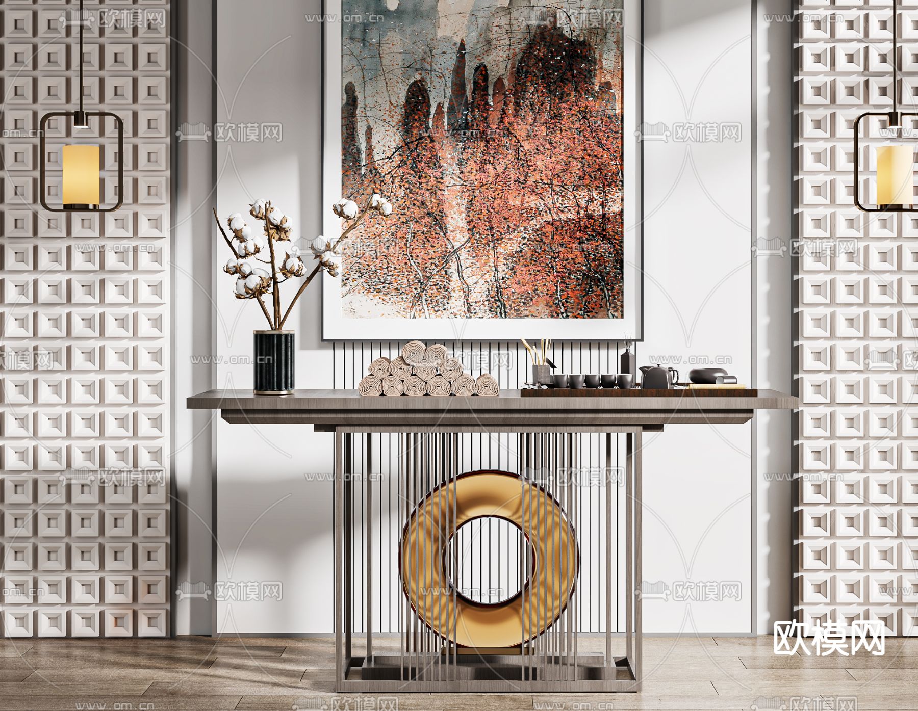 新中式端景台 条案3d模型下载（渲染图4）