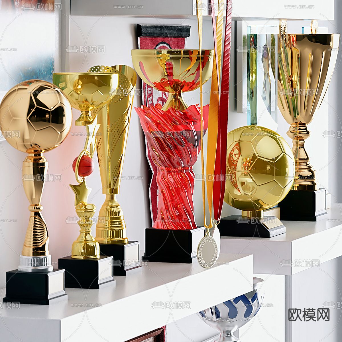 奖章 奖牌 奖杯 荣誉证书3d模型下载（渲染图2）