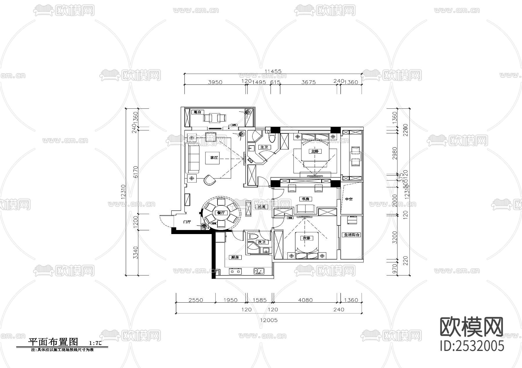 新中式大平层豪宅样板间cad施工图下载（渲染图5）
