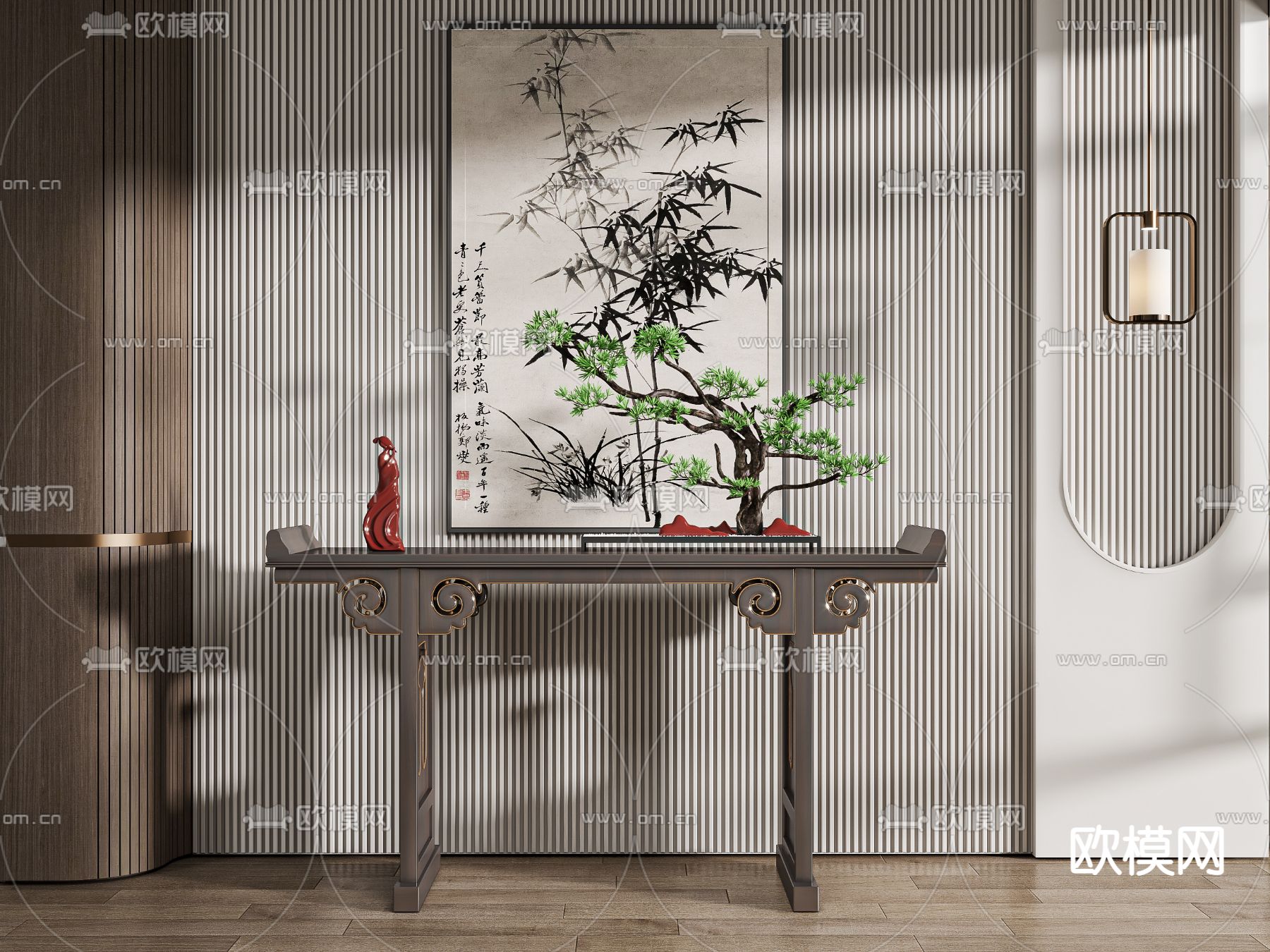 新中式端景台 条案3d模型下载（渲染图1）