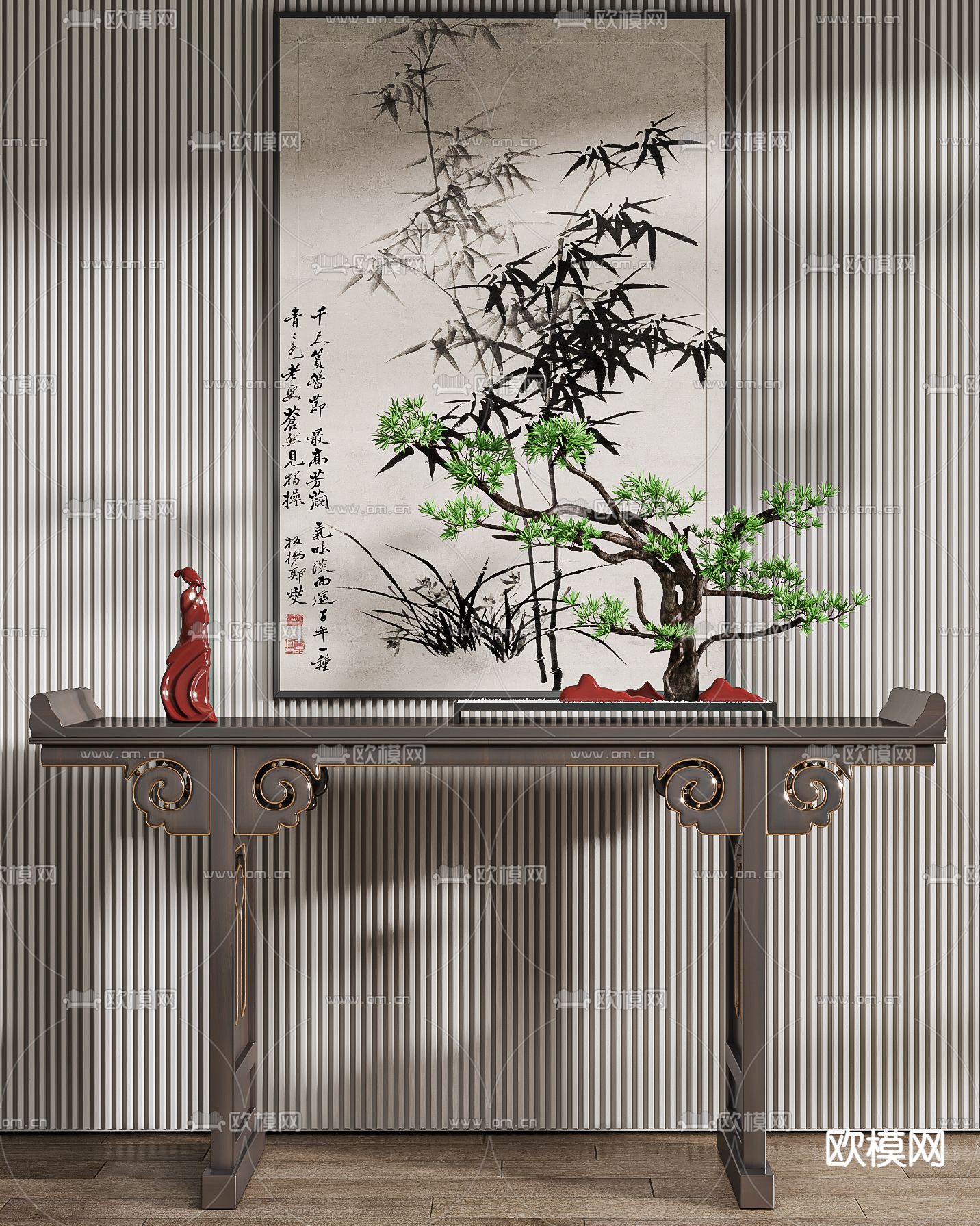 新中式端景台 条案3d模型下载（渲染图4）