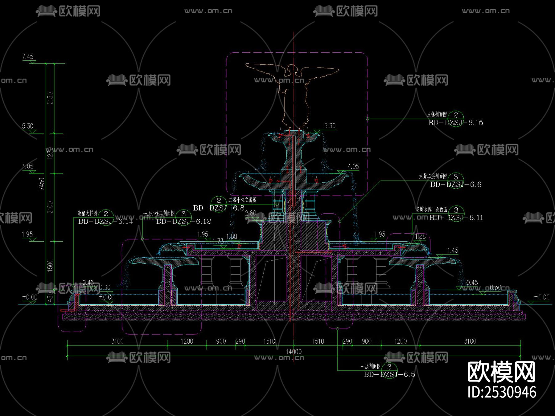 欧式喷泉水景CAD施工图下载（渲染图3）