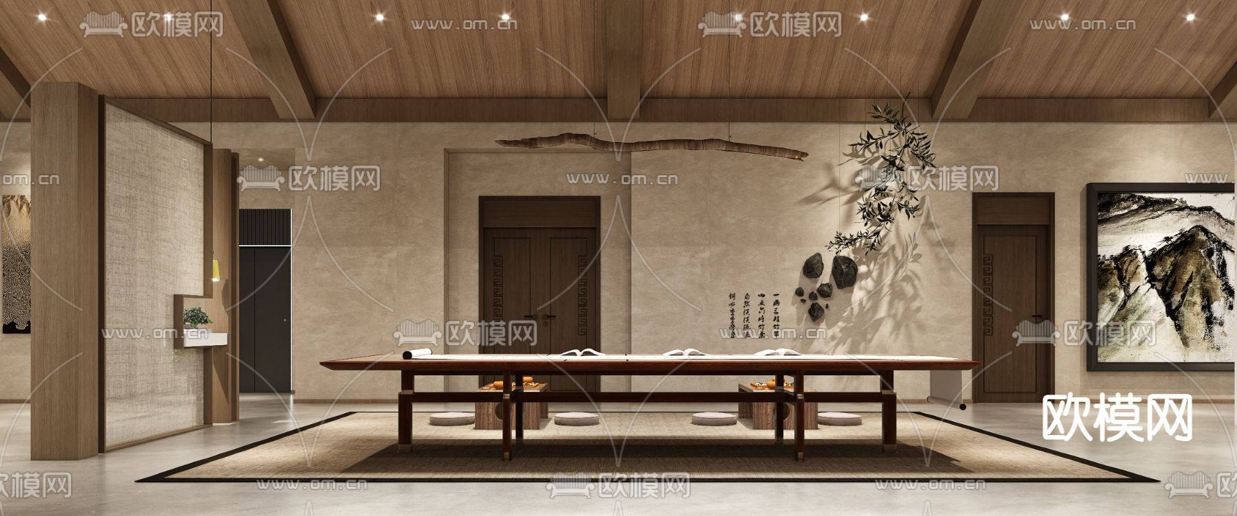 新中式地下台球室 书房 休闲区3d模型下载（渲染图1）