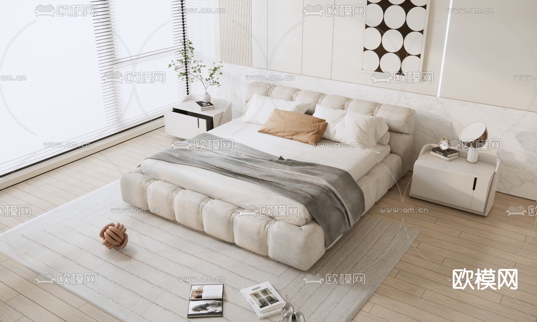 奶油风双人床su模型下载（渲染图1）
