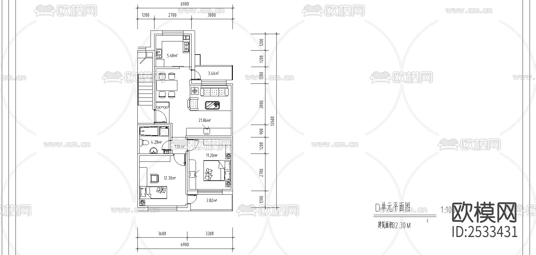 北方住宅户型CAD施工图下载（渲染图2）