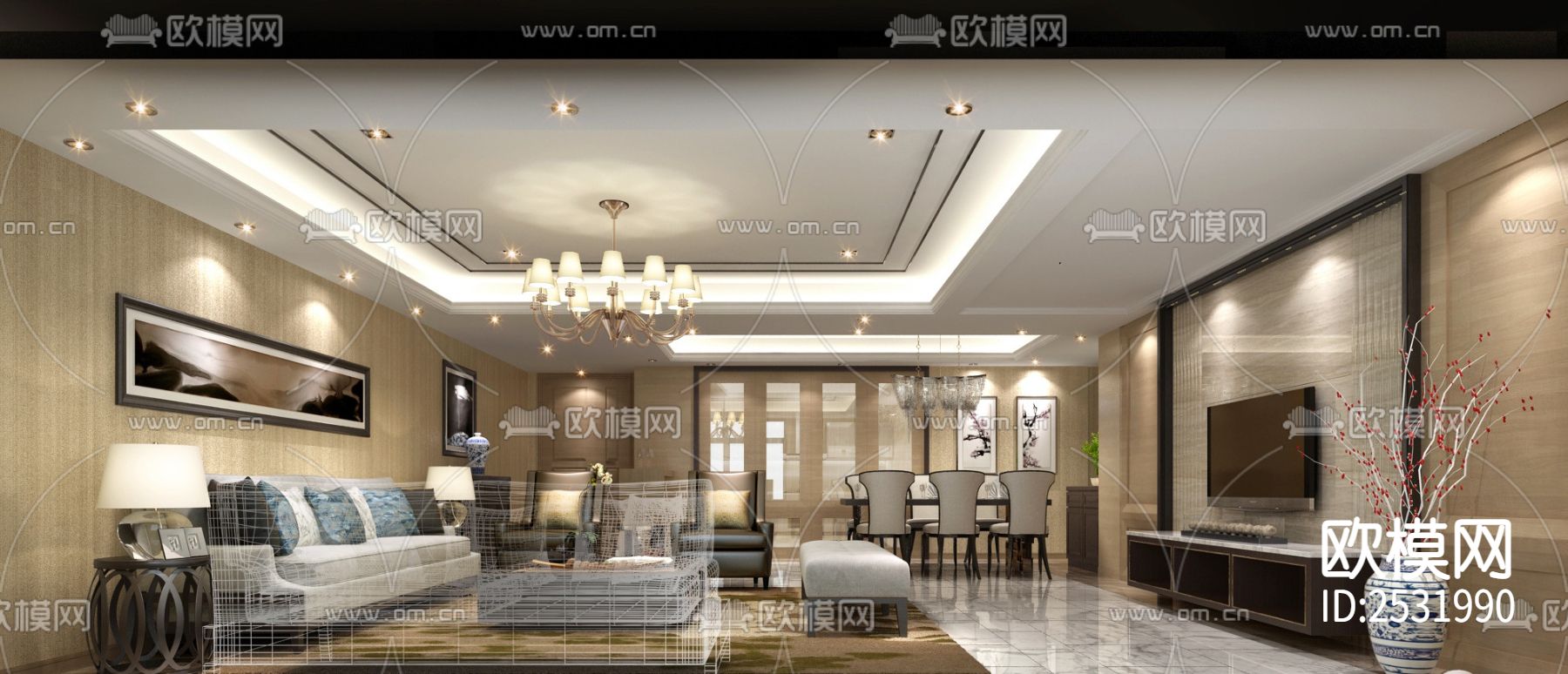 现代大平层豪宅样板间cad施工图下载（渲染图3）