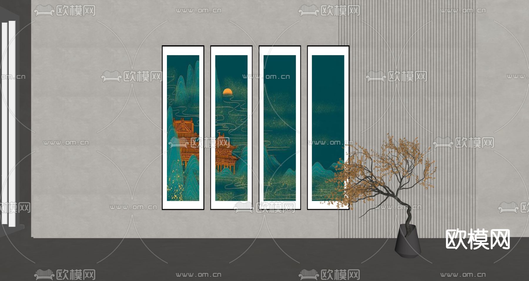 新中式装饰画su模型下载（渲染图2）