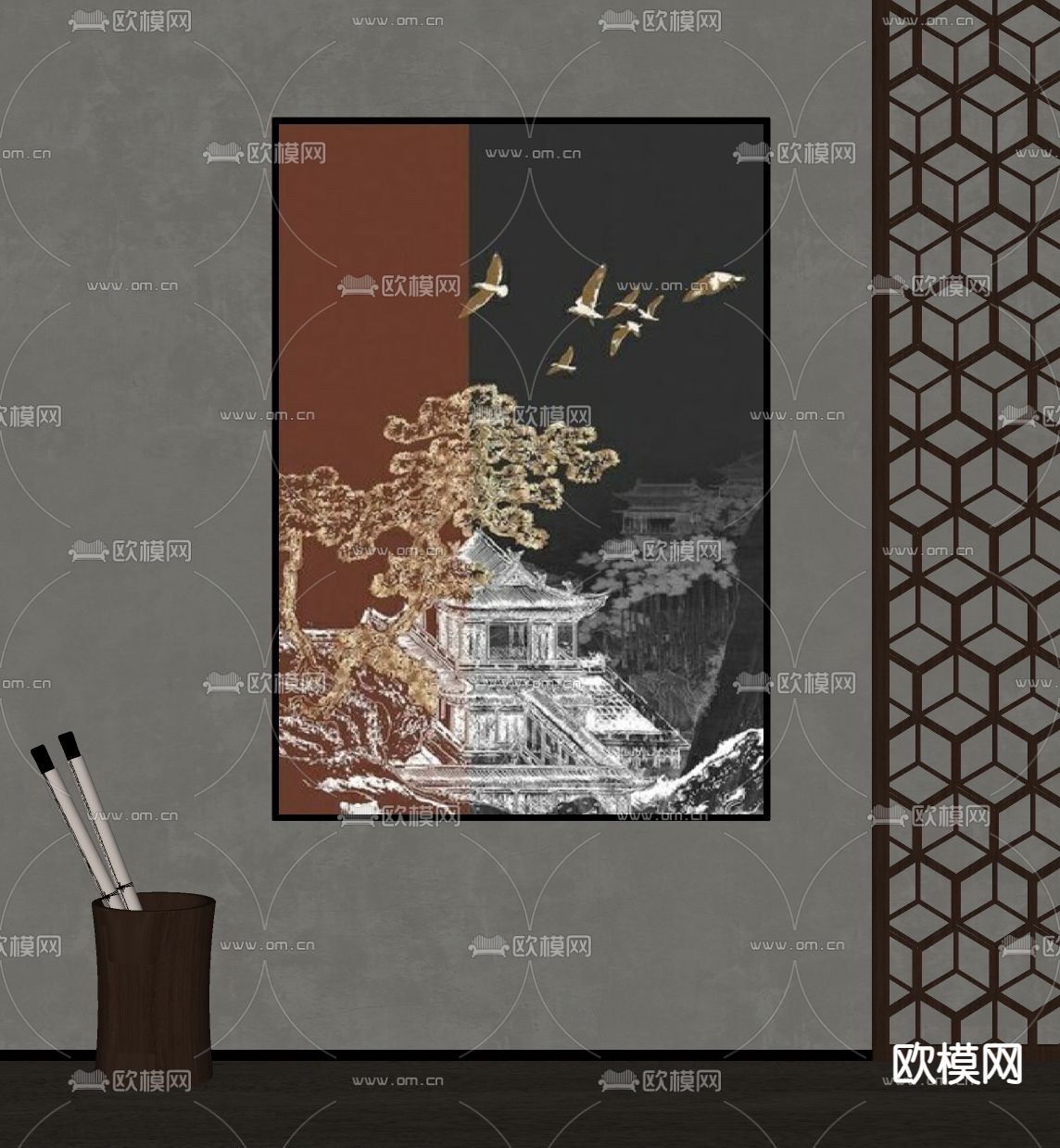 新中式装饰画su模型下载（渲染图2）