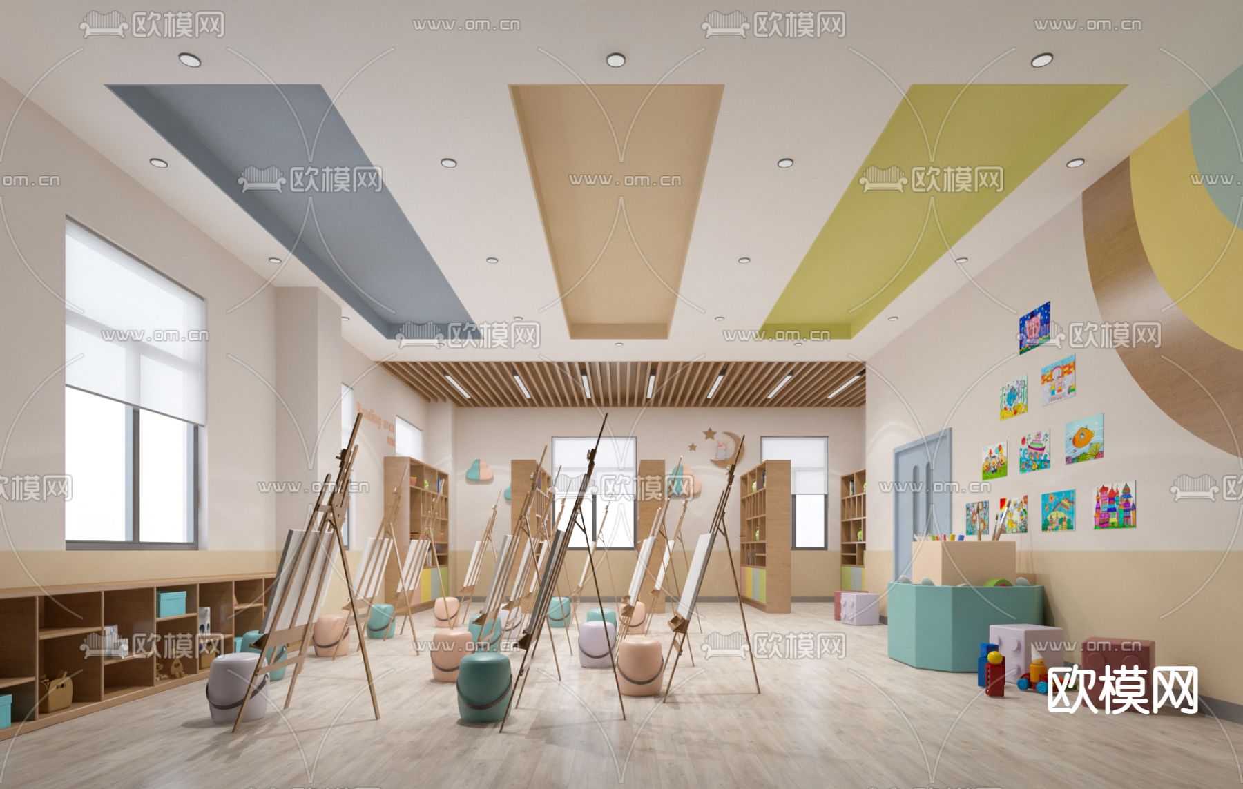现代幼儿园 美术教室su模型下载（渲染图1）