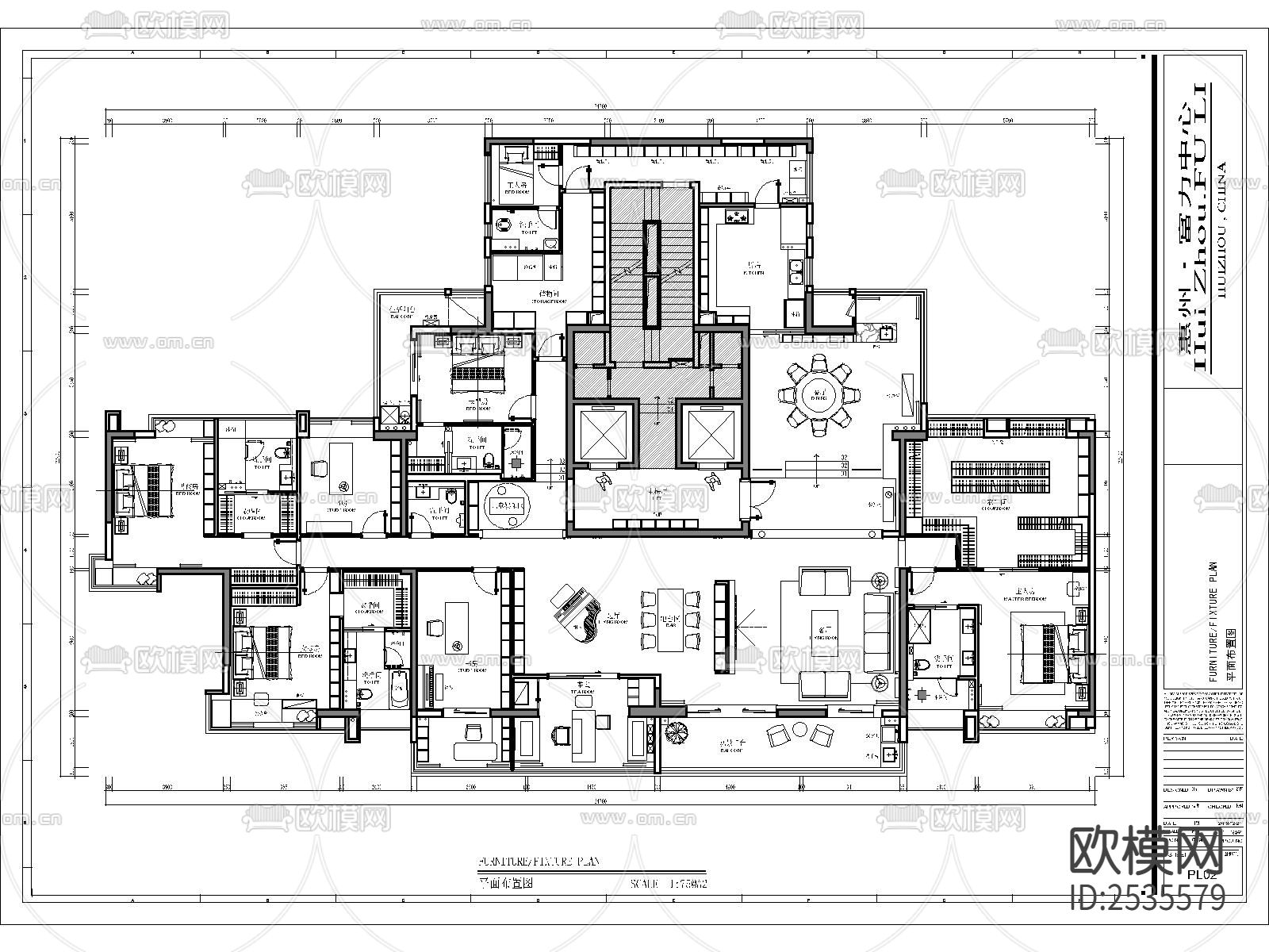 现代大平层套房CAD施工图-免费3dmax模型库-欧模网