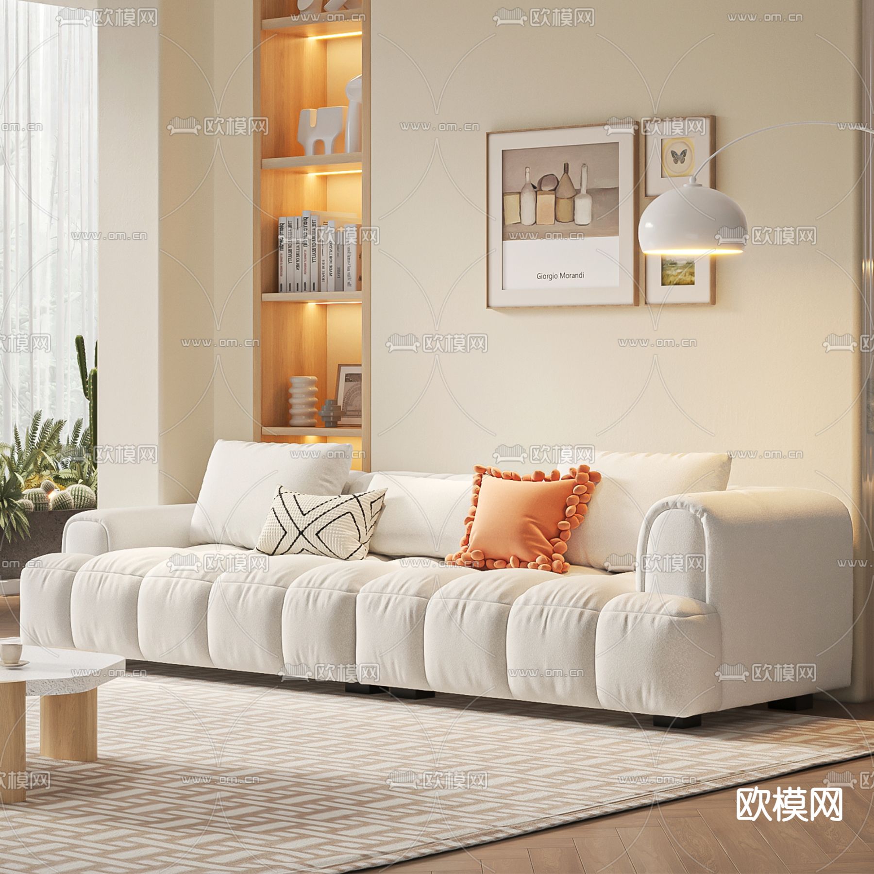 奶油风多人沙发3d模型下载（渲染图3）