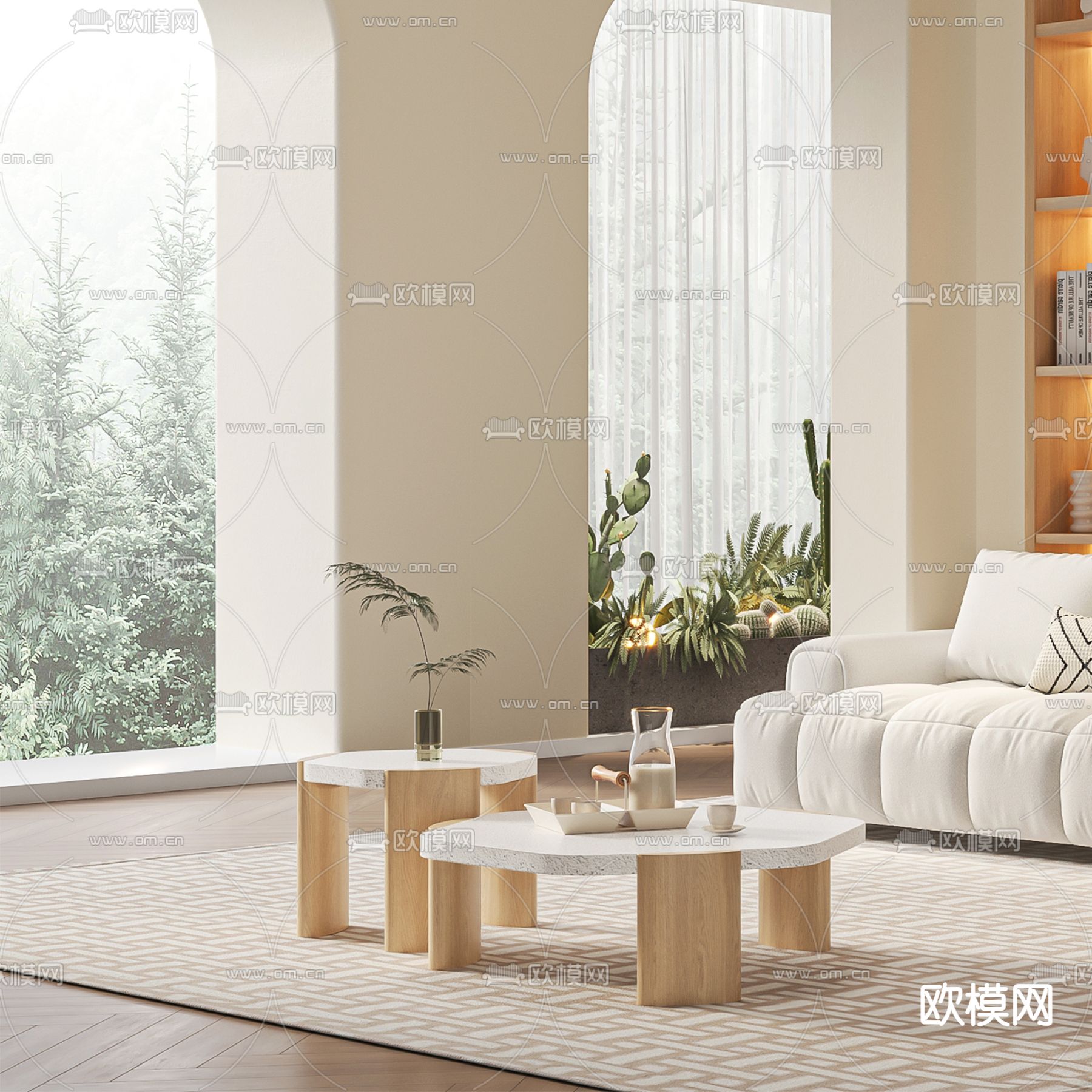 奶油风多人沙发3d模型下载（渲染图2）