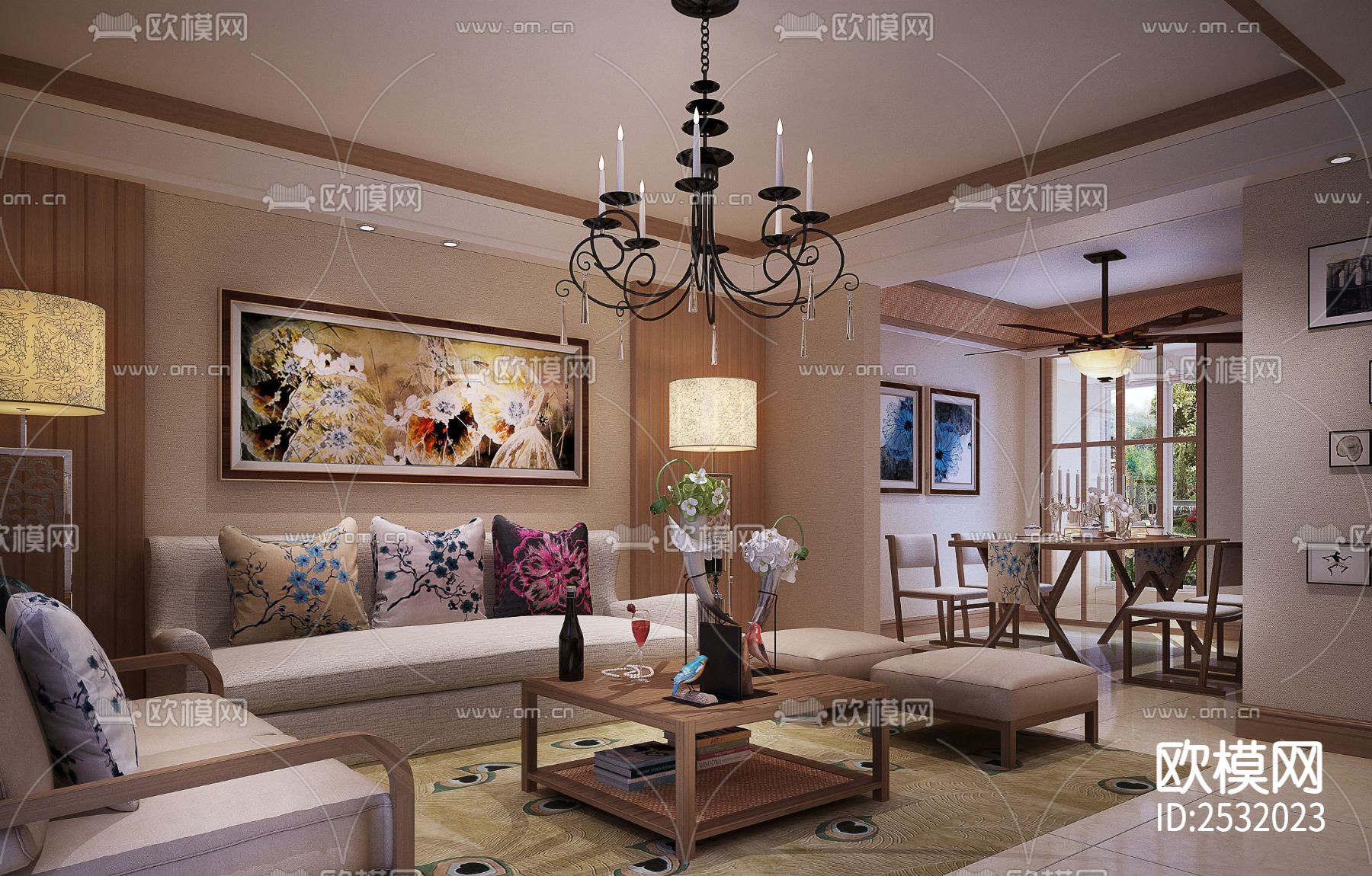 中式大平层豪宅样板间cad施工图下载（渲染图2）