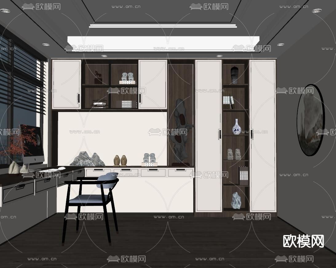 新中式书房su模型下载（渲染图2）