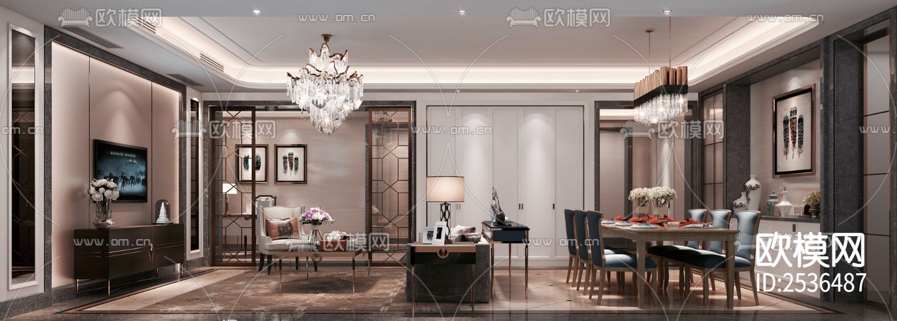 现代大平层豪宅样板间CAD施工图下载（渲染图4）