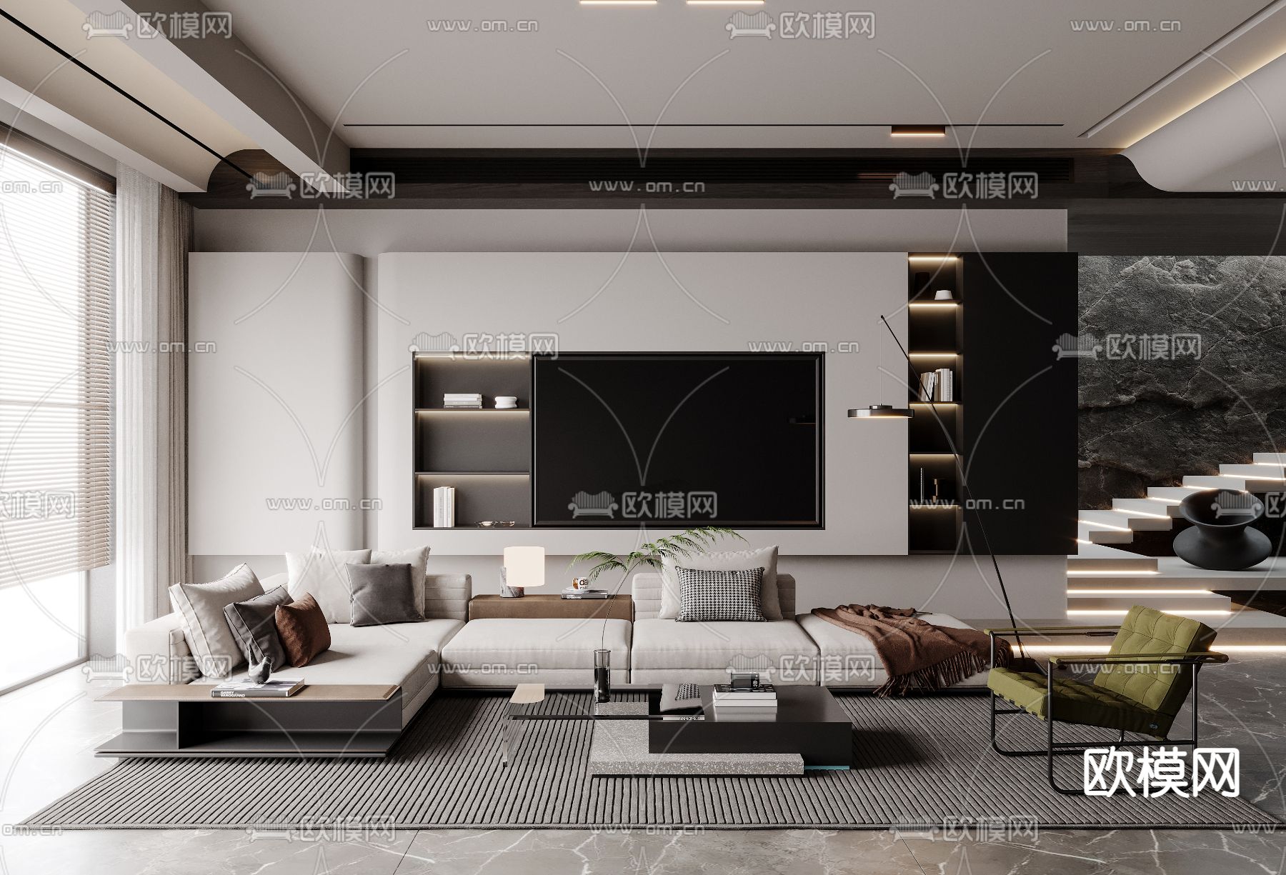 高级灰客厅3d模型下载